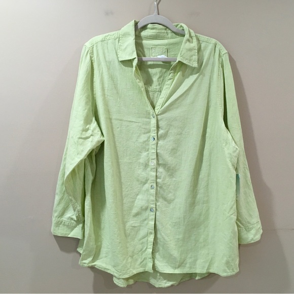 Sigrid Olsen Shirt Top Green Linen Women Plus 1X Button Long Sleeve Beach New - Picture 1 of 6